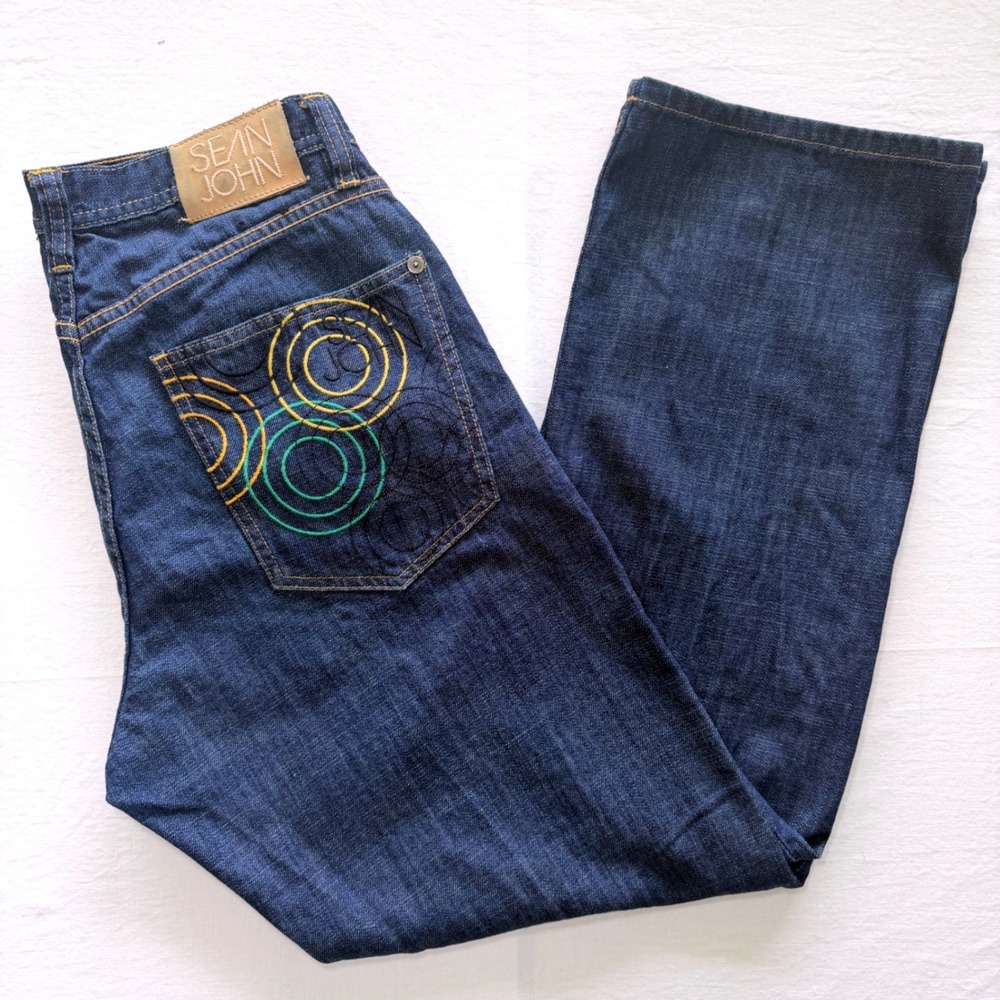 Sean John Jeans Mens 32 Dark Blue Denim Embroidered Pocket Cotton Y2K Style